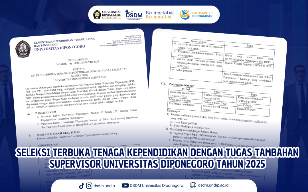 Seleksi Terbuka Tenaga Kependidikan dengan Tugas Tambahan Supervisor Universitas Diponegoro Tahun 2025