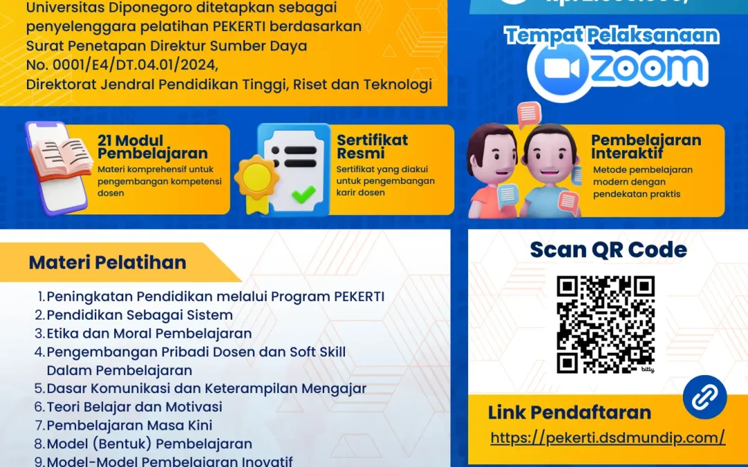 Resmi Dibuka untuk Dosen di Seluruh Indonesia! Pelatihan Peningkatan Keterampilan Dasar Teknik Instruksional (PEKERTI) Universitas Diponegoro Tahun 2025